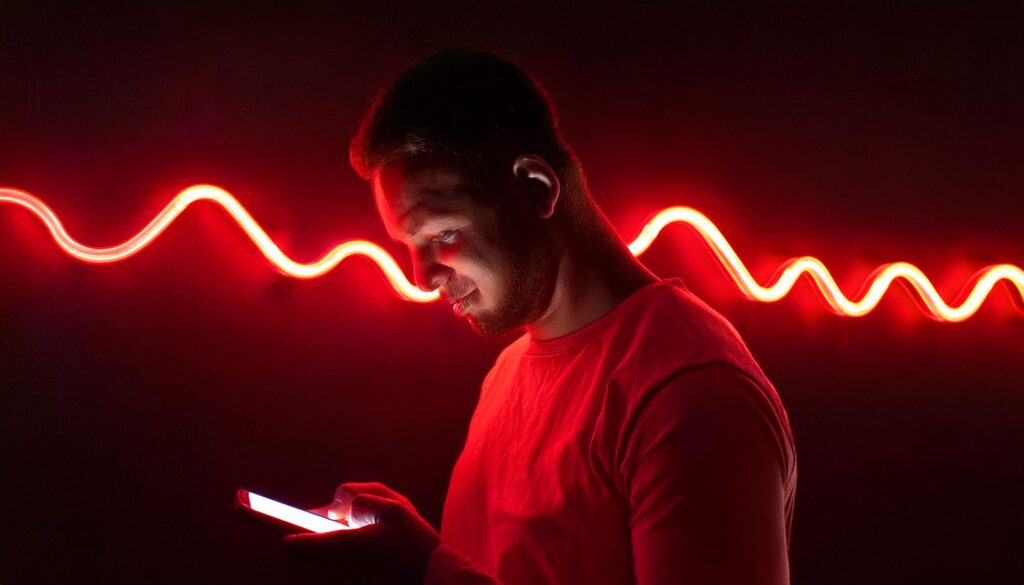 A man looks down at his phone. The expression is calm and neutral.