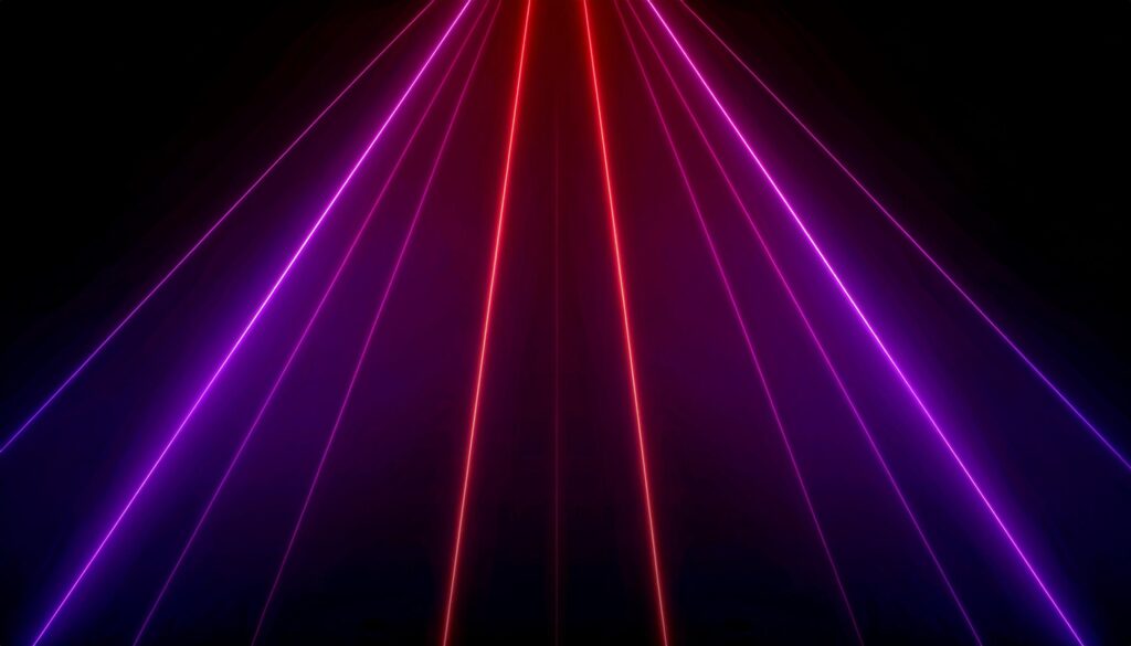 A single red and purple neon string that connects two borders. the background is black.