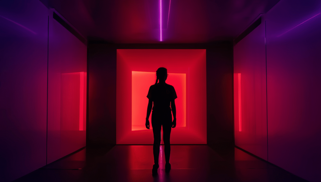 A person walks slowly through a long corridor surrounded by lights in tones of red and purple