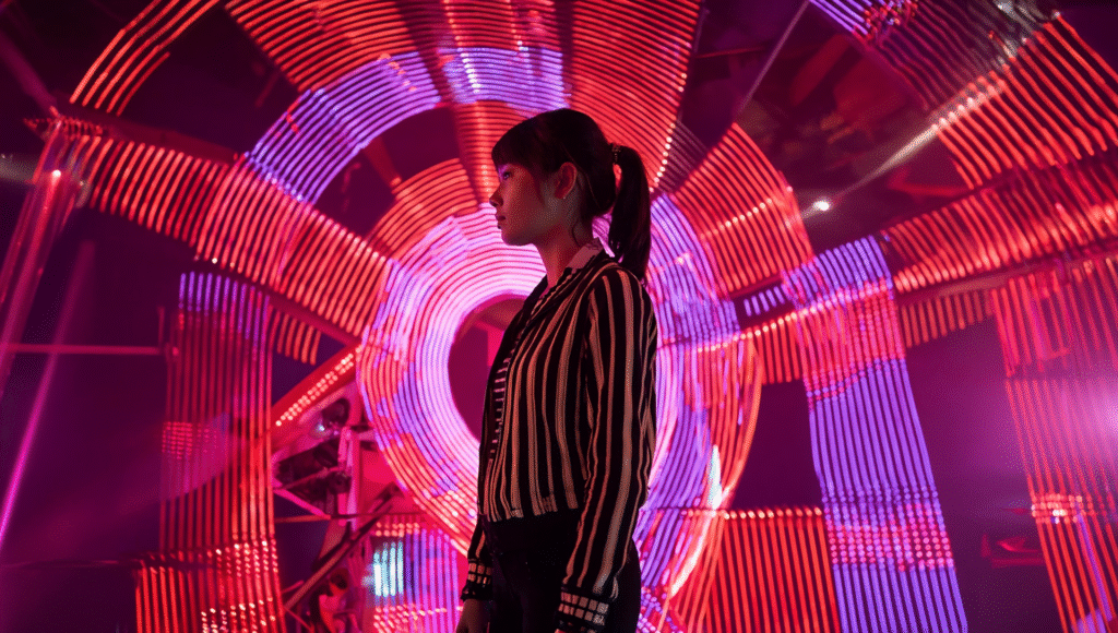 Lights surround the face of a person The lights are in tones of red and purple